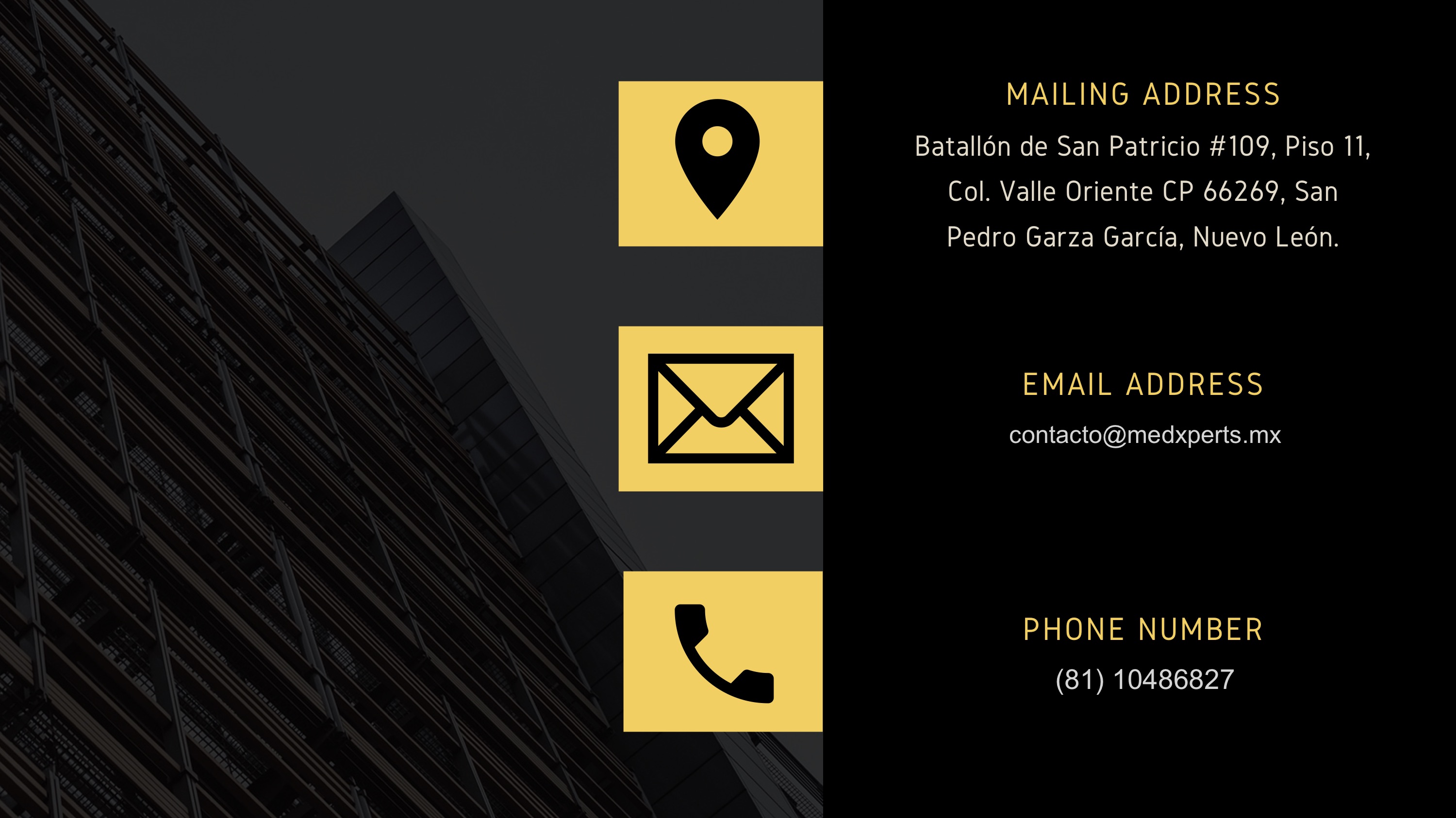 texto e iconos que meustran datos de contacto de medxperts